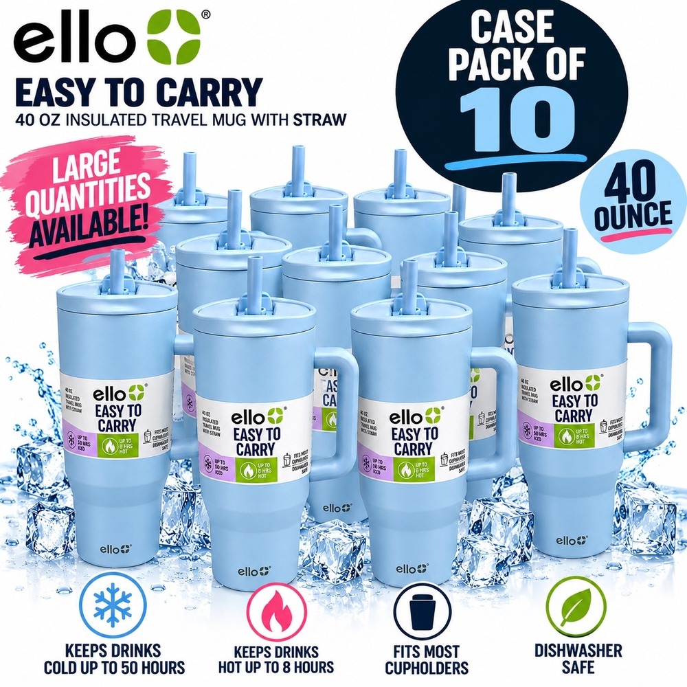 Ello 40oz Insulated Travel Mug Case Pack of 10 Halogen Blue Tumbler with Straw